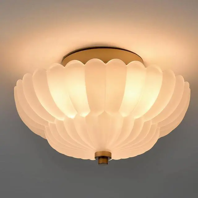 Main image of HYDELITE Gold Flush Mount Ceiling Light with Scalloped Frosted Milk Glass | Modern Brass Semi Flush Mount Ceiling Light Vintage Close to Ceiling for Bathroom Bedroom Entryway Kitchen
