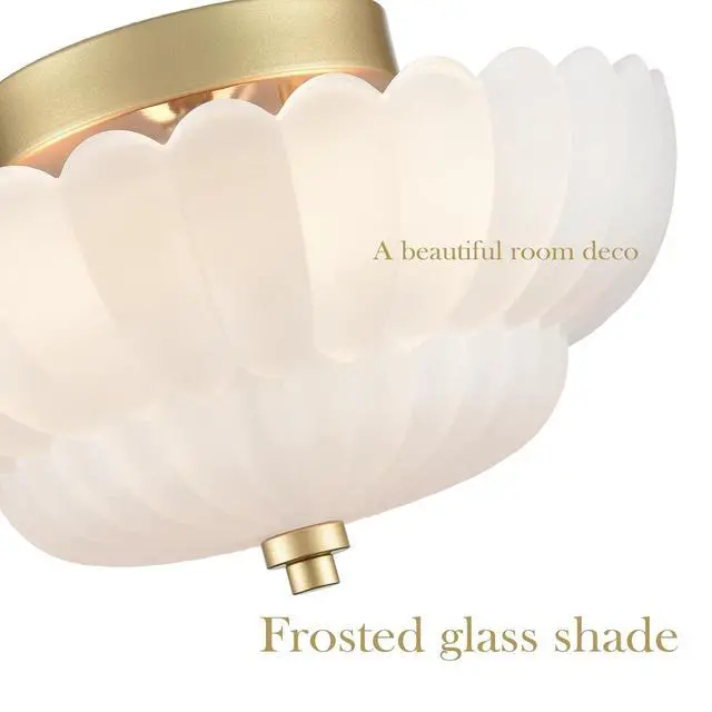 Alt view image 2 of 7 - HYDELITE Gold Flush Mount Ceiling Light with Scalloped Frosted Milk Glass | Modern Brass Semi Flush Mount Ceiling Light Vintage Close to Ceiling for Bathroom Bedroom Entryway Kitchen