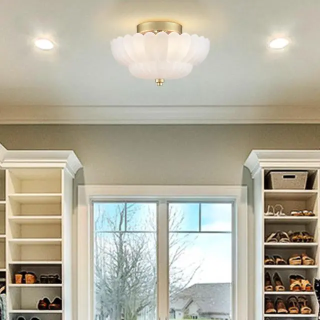 Alt view image 6 of 7 - HYDELITE Gold Flush Mount Ceiling Light with Scalloped Frosted Milk Glass | Modern Brass Semi Flush Mount Ceiling Light Vintage Close to Ceiling for Bathroom Bedroom Entryway Kitchen