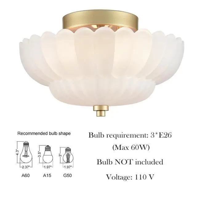 Alt view image 3 of 7 - HYDELITE Gold Flush Mount Ceiling Light with Scalloped Frosted Milk Glass | Modern Brass Semi Flush Mount Ceiling Light Vintage Close to Ceiling for Bathroom Bedroom Entryway Kitchen