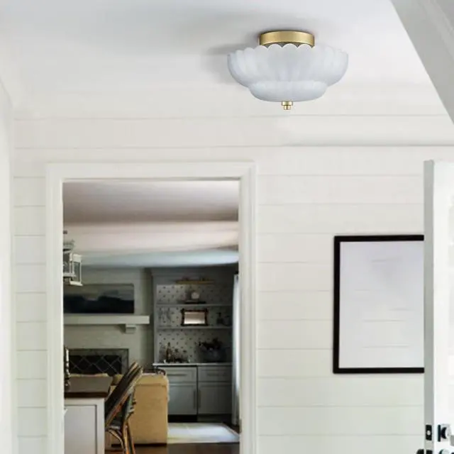 Alt view image 7 of 7 - HYDELITE Gold Flush Mount Ceiling Light with Scalloped Frosted Milk Glass | Modern Brass Semi Flush Mount Ceiling Light Vintage Close to Ceiling for Bathroom Bedroom Entryway Kitchen