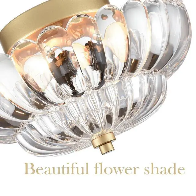 Alt view image 2 of 7 - HYDELITE Gold Ceiling Light Fixture with Scalloped Clear Glass Shade | 3-Light Brass Bedroom Semi Flush Mount Ceiling Light Fixtures for Entryway Bathroom Living Room Porch
