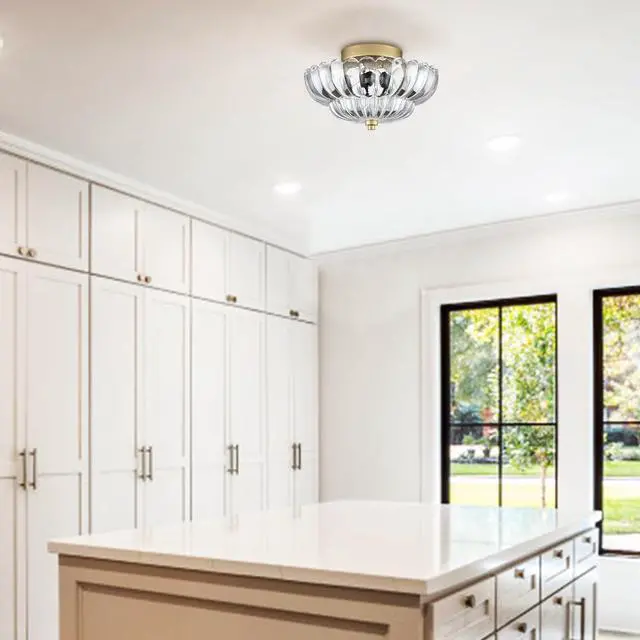 Alt view image 6 of 7 - HYDELITE Gold Ceiling Light Fixture with Scalloped Clear Glass Shade | 3-Light Brass Bedroom Semi Flush Mount Ceiling Light Fixtures for Entryway Bathroom Living Room Porch