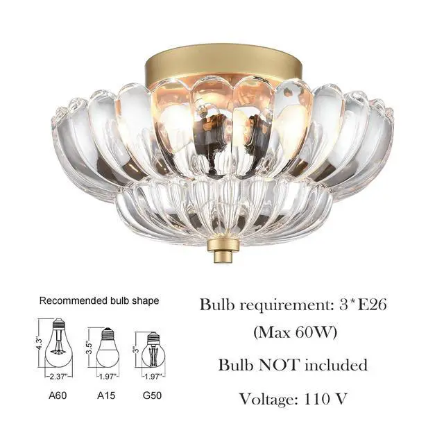 Alt view image 4 of 7 - HYDELITE Gold Ceiling Light Fixture with Scalloped Clear Glass Shade | 3-Light Brass Bedroom Semi Flush Mount Ceiling Light Fixtures for Entryway Bathroom Living Room Porch