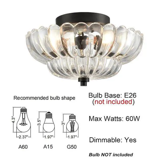 Alt view image 3 of 7 - HYDELITE Modern Black Ceiling Light Traditional with Scalloped Clear Glass | 3-Light Semi Flush Mount Ceiling Light with Scalloped for Living Room Hallway Close to Ceiling Light Fixture