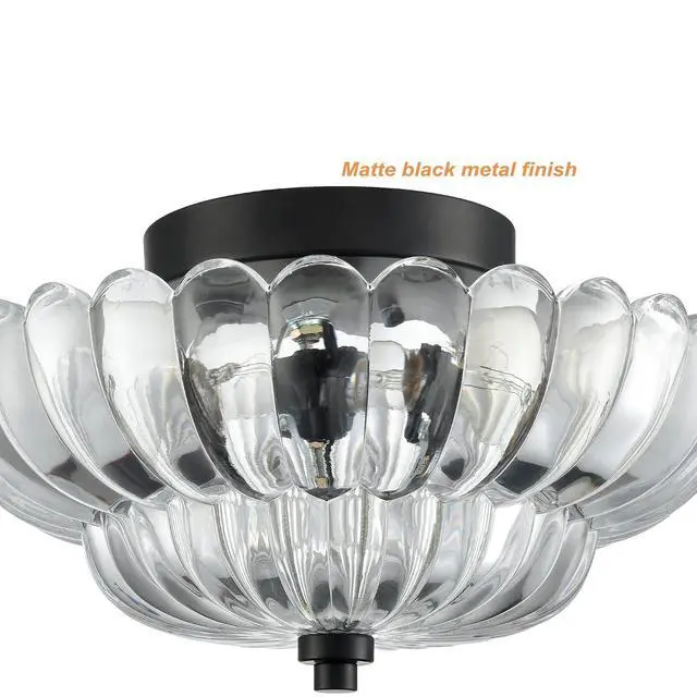 Alt view image 4 of 7 - HYDELITE Modern Black Ceiling Light Traditional with Scalloped Clear Glass | 3-Light Semi Flush Mount Ceiling Light with Scalloped for Living Room Hallway Close to Ceiling Light Fixture