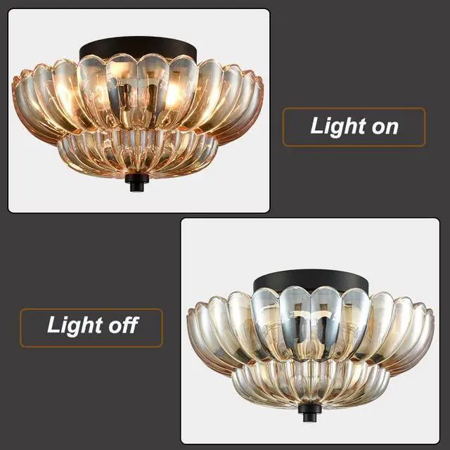 Alt view image 7 of 7 - HYDELITE Modern Black Flush Mount Ceiling Light 3-Light Amber Glass | 3-Light Close to Ceiling Light Fixtures with Scalloped Shade for Living Room Entryway
