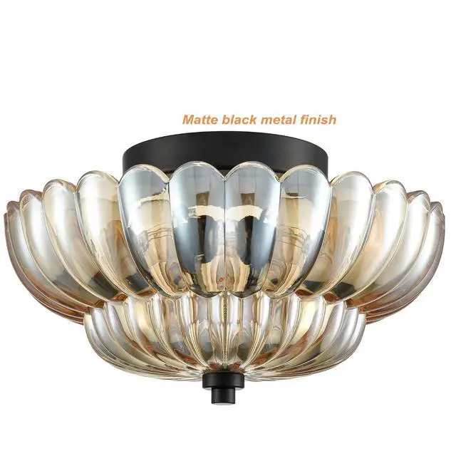 Alt view image 4 of 7 - HYDELITE Modern Black Flush Mount Ceiling Light 3-Light Amber Glass | 3-Light Close to Ceiling Light Fixtures with Scalloped Shade for Living Room Entryway