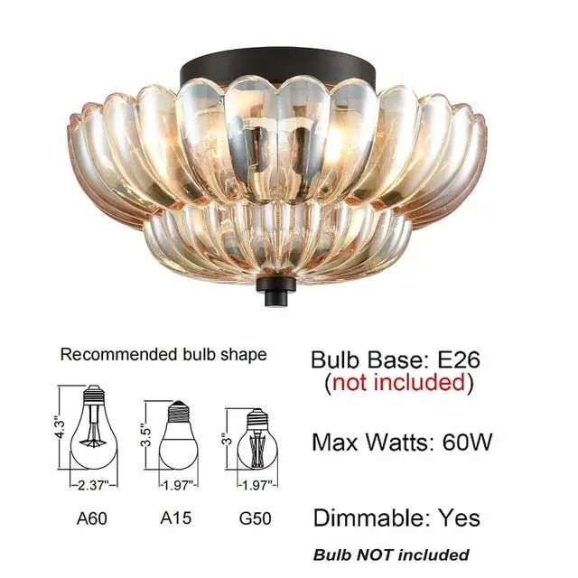 Alt view image 5 of 7 - HYDELITE Modern Black Flush Mount Ceiling Light 3-Light Amber Glass | 3-Light Close to Ceiling Light Fixtures with Scalloped Shade for Living Room Entryway