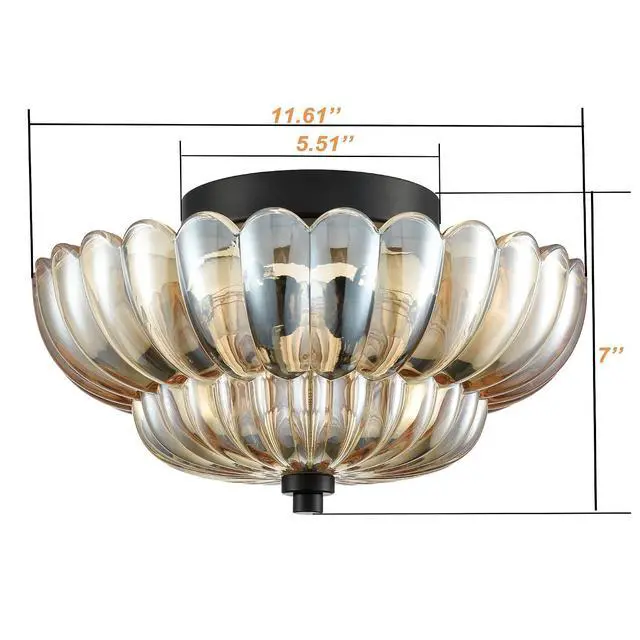 Alt view image 6 of 7 - HYDELITE Modern Black Flush Mount Ceiling Light 3-Light Amber Glass | 3-Light Close to Ceiling Light Fixtures with Scalloped Shade for Living Room Entryway
