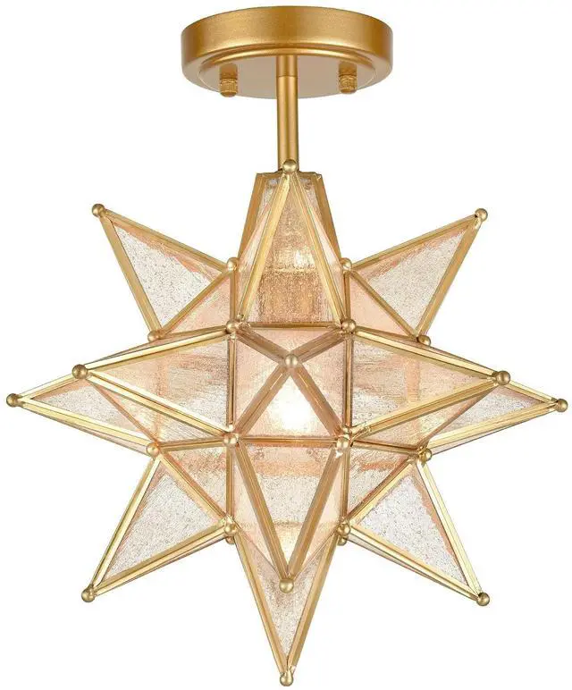 Main image of HYDELITE Brushed Gold Moravian Star Ceiling Light with Seeded Glass | Brass 13" Semi Flush Mount Ceiling Light for Foyer Hallway Bedroom