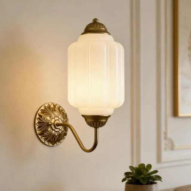 Main image of HYDELITE Vintage Gold Milk Glass Wall Sconce with White Pumpkin Shade | Mid Century Brass Finish Wall Lamp for Bedroom Dining Room Hallway Entryway Living Room