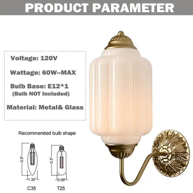 Alt view image 3 of 7 - HYDELITE Vintage Gold Milk Glass Wall Sconce with White Pumpkin Shade | Mid Century Brass Finish Wall Lamp for Bedroom Dining Room Hallway Entryway Living Room