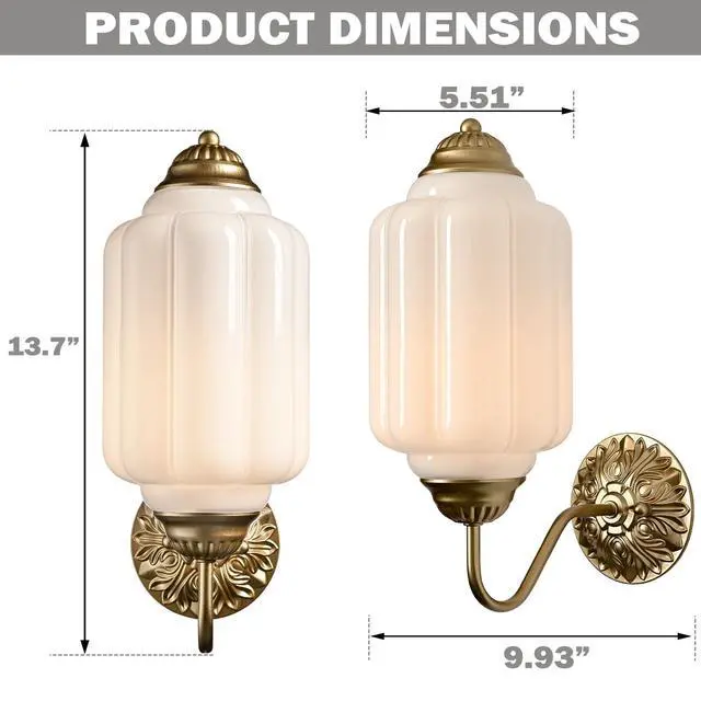 Alt view image 4 of 7 - HYDELITE Vintage Gold Milk Glass Wall Sconce with White Pumpkin Shade | Mid Century Brass Finish Wall Lamp for Bedroom Dining Room Hallway Entryway Living Room