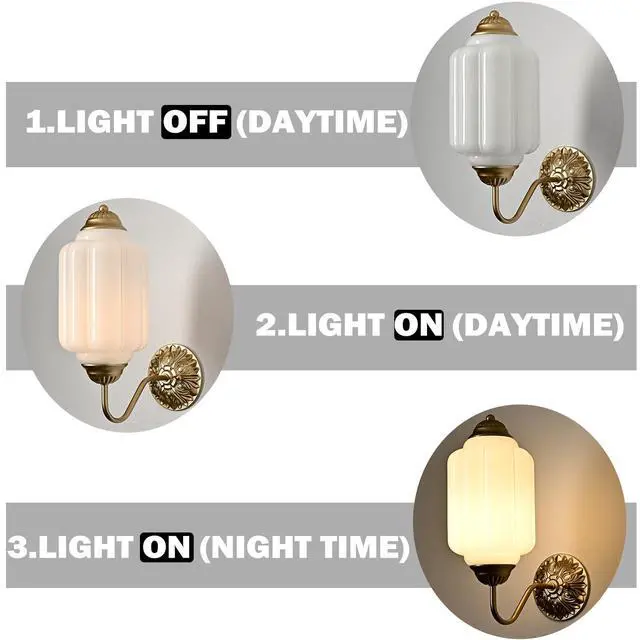 Alt view image 6 of 7 - HYDELITE Vintage Gold Milk Glass Wall Sconce with White Pumpkin Shade | Mid Century Brass Finish Wall Lamp for Bedroom Dining Room Hallway Entryway Living Room
