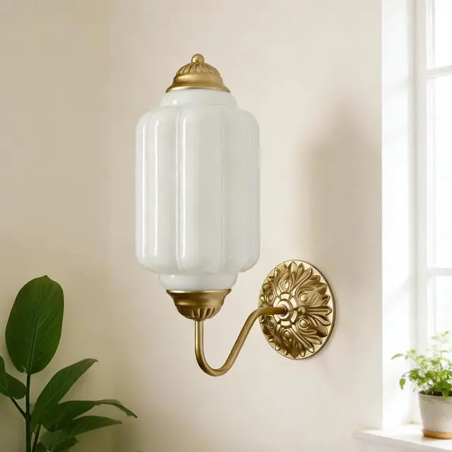Alt view image 7 of 7 - HYDELITE Vintage Gold Milk Glass Wall Sconce with White Pumpkin Shade | Mid Century Brass Finish Wall Lamp for Bedroom Dining Room Hallway Entryway Living Room