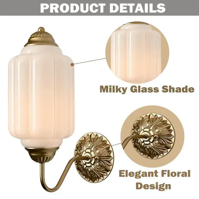 Alt view image 5 of 7 - HYDELITE Vintage Gold Milk Glass Wall Sconce with White Pumpkin Shade | Mid Century Brass Finish Wall Lamp for Bedroom Dining Room Hallway Entryway Living Room