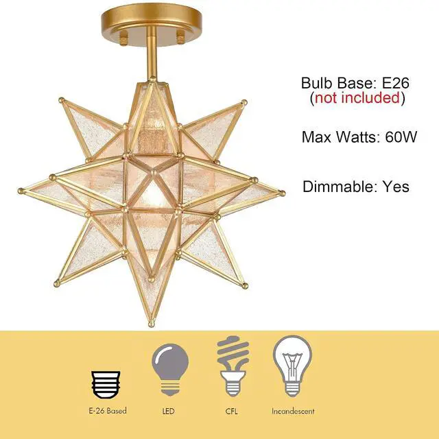 Alt view image 6 of 7 - HYDELITE Brushed Gold Moravian Star Ceiling Light with Seeded Glass | Brass 13" Semi Flush Mount Ceiling Light for Foyer Hallway Bedroom