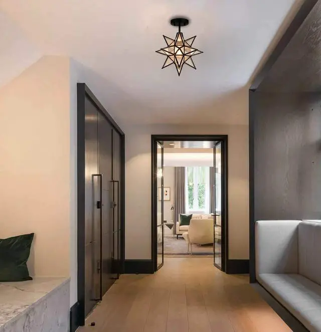 Alt view image 3 of 7 - HYDELITE Moravian Star Semi Flush Mount Ceiling Light with Seeded Glass | Black Finish Star Shade Metal 13 Inches Art Deco Lights for Entryway, Hallway, Bedroom
