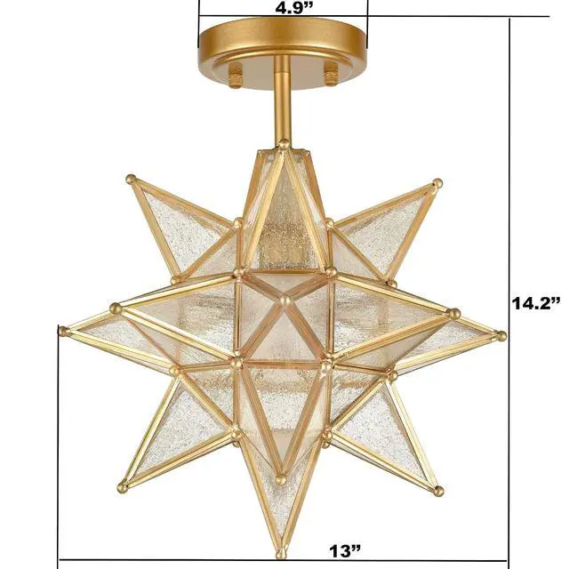 Alt view image 7 of 7 - HYDELITE Brushed Gold Moravian Star Ceiling Light with Seeded Glass | Brass 13" Semi Flush Mount Ceiling Light for Foyer Hallway Bedroom