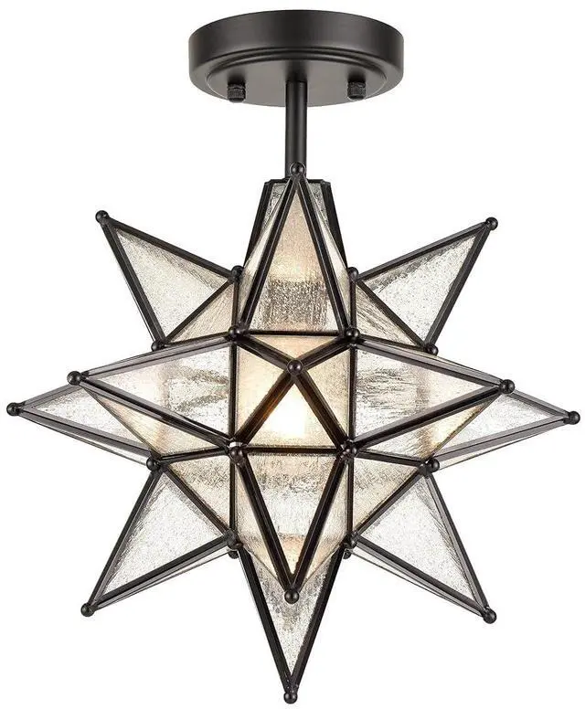 Main image of HYDELITE Moravian Star Semi Flush Mount Ceiling Light with Seeded Glass | Black Finish Star Shade Metal 13 Inches Art Deco Lights for Entryway, Hallway, Bedroom