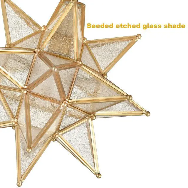 Alt view image 5 of 7 - HYDELITE Brushed Gold Moravian Star Ceiling Light with Seeded Glass | Brass 13" Semi Flush Mount Ceiling Light for Foyer Hallway Bedroom