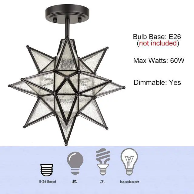 Alt view image 5 of 7 - HYDELITE Moravian Star Semi Flush Mount Ceiling Light with Seeded Glass | Black Finish Star Shade Metal 13 Inches Art Deco Lights for Entryway, Hallway, Bedroom