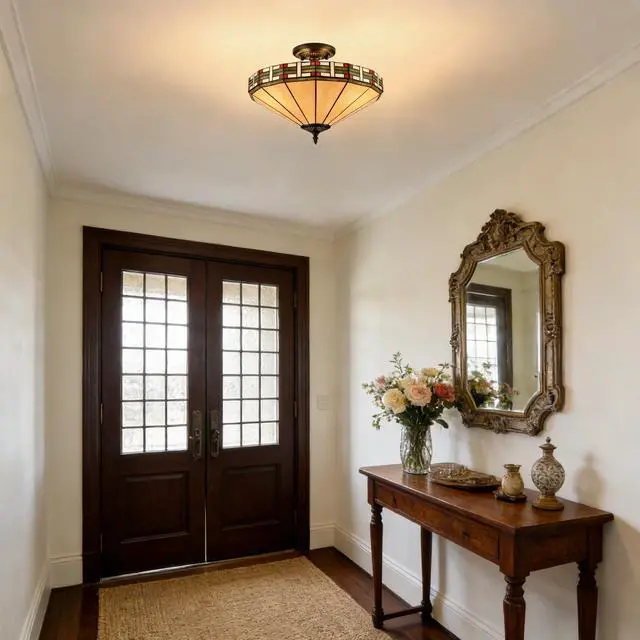 Alt view image 2 of 7 - HYDELITE Tiffany Style 16" Chandelier 3-Light Stained Glass Ceiling Fixture | Vintage Semi Flush Mount Close to Ceiling Light for Foyer Living Room Dining Room Bedroom Hallway