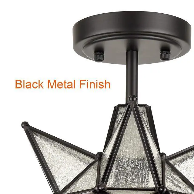 Alt view image 6 of 7 - HYDELITE Moravian Star Semi Flush Mount Ceiling Light with Seeded Glass | Black Finish Star Shade Metal 13 Inches Art Deco Lights for Entryway, Hallway, Bedroom