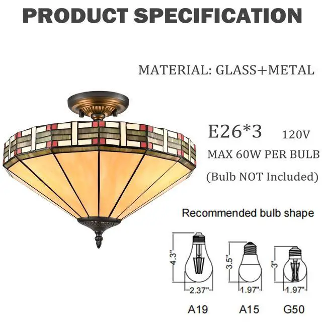 Alt view image 3 of 7 - HYDELITE Tiffany Style 16" Chandelier 3-Light Stained Glass Ceiling Fixture | Vintage Semi Flush Mount Close to Ceiling Light for Foyer Living Room Dining Room Bedroom Hallway