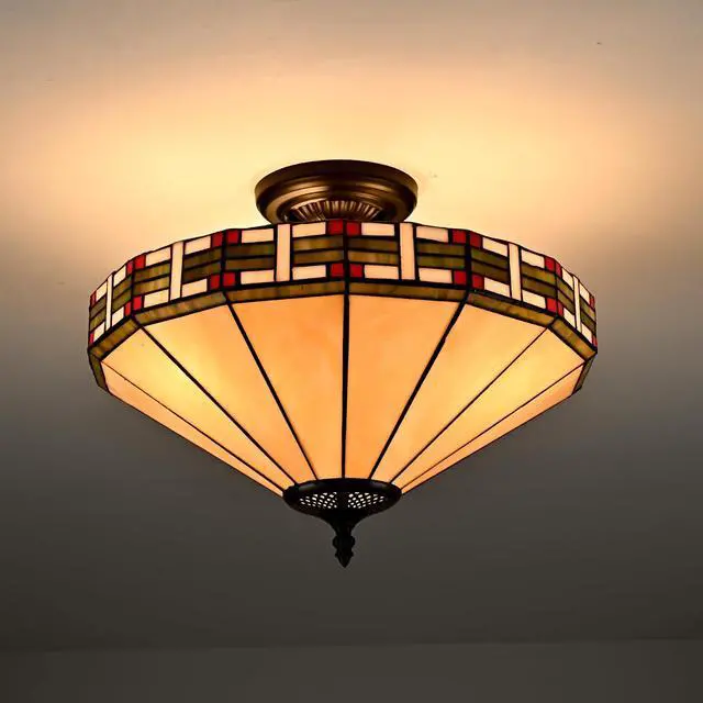 Alt view image 4 of 7 - HYDELITE Tiffany Style 16" Chandelier 3-Light Stained Glass Ceiling Fixture | Vintage Semi Flush Mount Close to Ceiling Light for Foyer Living Room Dining Room Bedroom Hallway