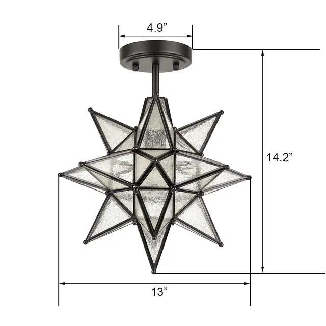 Alt view image 7 of 7 - HYDELITE Moravian Star Semi Flush Mount Ceiling Light with Seeded Glass | Black Finish Star Shade Metal 13 Inches Art Deco Lights for Entryway, Hallway, Bedroom