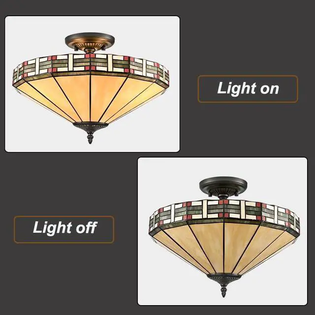 Alt view image 6 of 7 - HYDELITE Tiffany Style 16" Chandelier 3-Light Stained Glass Ceiling Fixture | Vintage Semi Flush Mount Close to Ceiling Light for Foyer Living Room Dining Room Bedroom Hallway