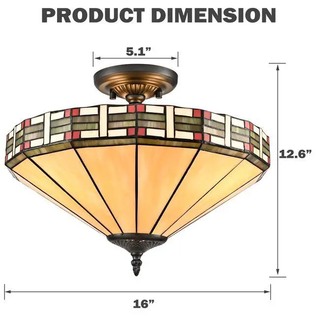 Alt view image 5 of 7 - HYDELITE Tiffany Style 16" Chandelier 3-Light Stained Glass Ceiling Fixture | Vintage Semi Flush Mount Close to Ceiling Light for Foyer Living Room Dining Room Bedroom Hallway