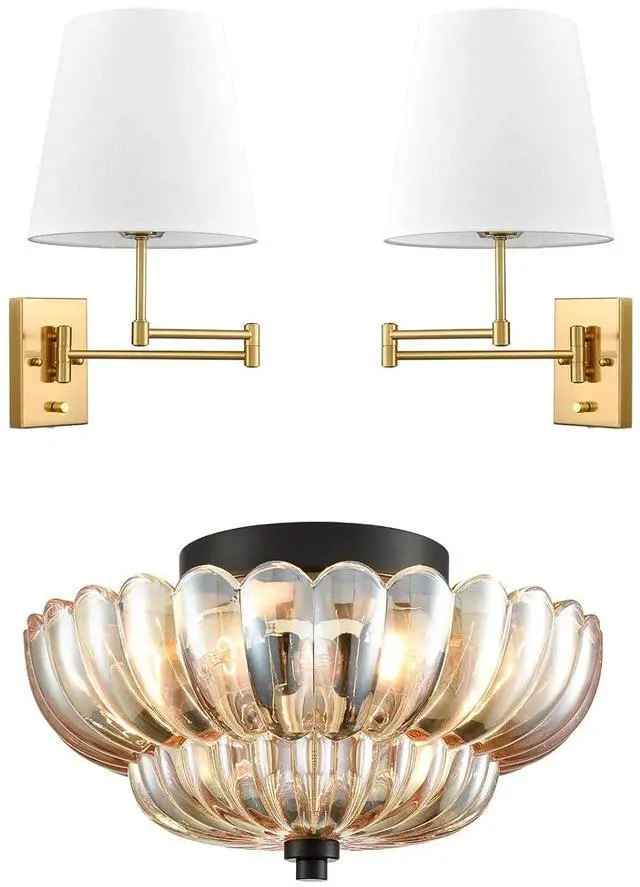 Main image of HYDELITE Amber Glass Flush Mount Ceiling Light & Gold Plug-in Wall Sconce