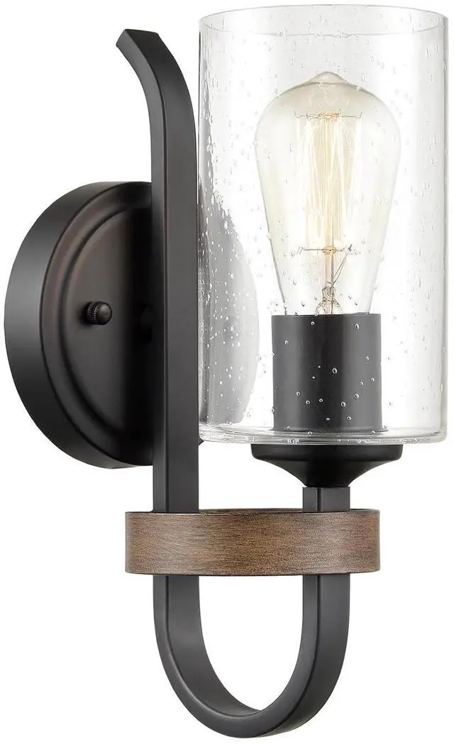Main image of HYDELITE Industrial Seeded Cylindrical Glass Black Wall Sconce | Farmhouse Black & Wood Grain Finish Accented Bathroom Wall Light Oil Rubbed Bronze for Bedroom Hallway