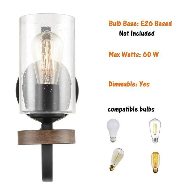Alt view image 6 of 7 - HYDELITE Industrial Seeded Cylindrical Glass Black Wall Sconce | Farmhouse Black & Wood Grain Finish Accented Bathroom Wall Light Oil Rubbed Bronze for Bedroom Hallway