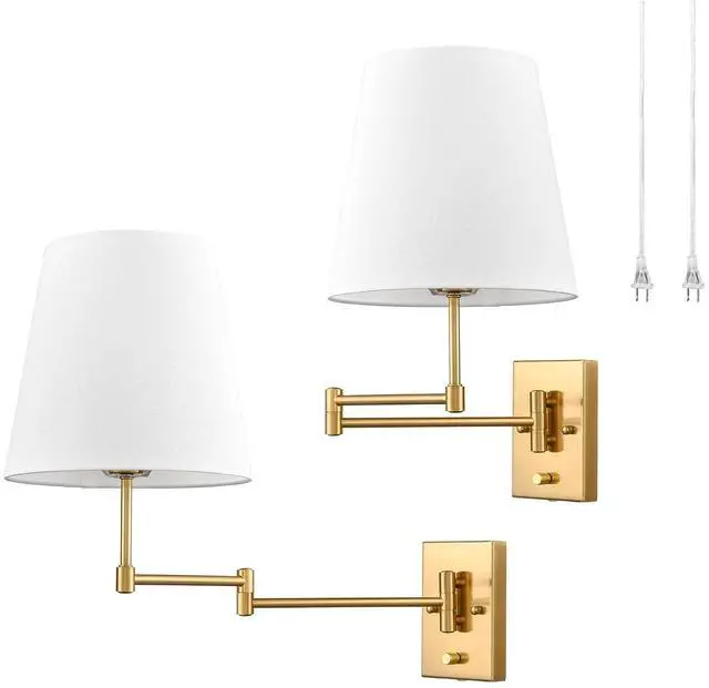 Main image of HYDELITE Gold Swing Arm Wall Lamp Brass Wall Sconces with Linen Shade | Plug-in or Hardwired Wall Light Fixtures Bedroom Bedside, House Reading, Living Room, Home Hallway, Dining Set of 2