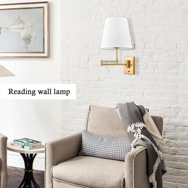 Alt view image 2 of 7 - HYDELITE Gold Swing Arm Wall Lamp Brass Wall Sconces with Linen Shade | Plug-in or Hardwired Wall Light Fixtures Bedroom Bedside, House Reading, Living Room, Home Hallway, Dining Set of 2