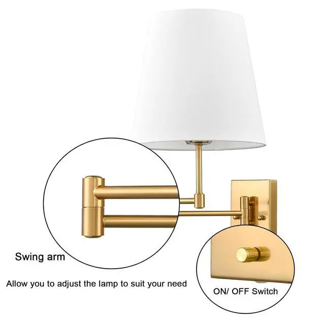Alt view image 3 of 7 - HYDELITE Gold Swing Arm Wall Lamp Brass Wall Sconces with Linen Shade | Plug-in or Hardwired Wall Light Fixtures Bedroom Bedside, House Reading, Living Room, Home Hallway, Dining Set of 2