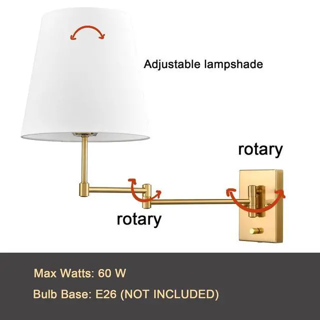 Alt view image 4 of 7 - HYDELITE Gold Swing Arm Wall Lamp Brass Wall Sconces with Linen Shade | Plug-in or Hardwired Wall Light Fixtures Bedroom Bedside, House Reading, Living Room, Home Hallway, Dining Set of 2