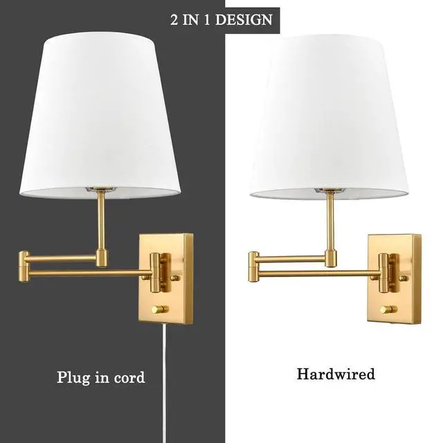 Alt view image 5 of 7 - HYDELITE Gold Swing Arm Wall Lamp Brass Wall Sconces with Linen Shade | Plug-in or Hardwired Wall Light Fixtures Bedroom Bedside, House Reading, Living Room, Home Hallway, Dining Set of 2