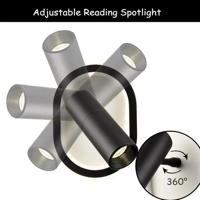 Alt view image 5 of 7 - HYDELITE Led Wall Mounted Reading Lights Black Wall Sconce Bedside Wall Lamp with Spoltlight Night Light 4000k for Bedroom