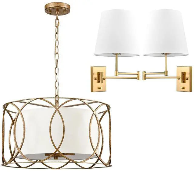 Main image of HYDELITE Elegant Gold Swing Arm Wall Lamp and Stylish Brass Drum Pendant Light 3-Light