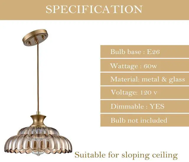 Alt view image 4 of 6 - HYDELITE Vintage Amber Glass Pendant Light with Adjustable Hanging Cord | Modern Gold Kitchen Island Pendant Light Fixture Adjustable for Dining Living Room Restaurant Entryway
