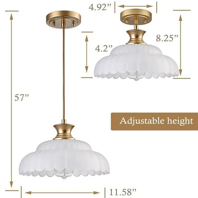 Alt view image 3 of 6 - HYDELITE Vintage Frosted Glass Pendant Lights Kitchen Island Lighting | Brass Over Kitchen Sink Adjustable Hanging Pendant for Dining Room Kitchen Entryway