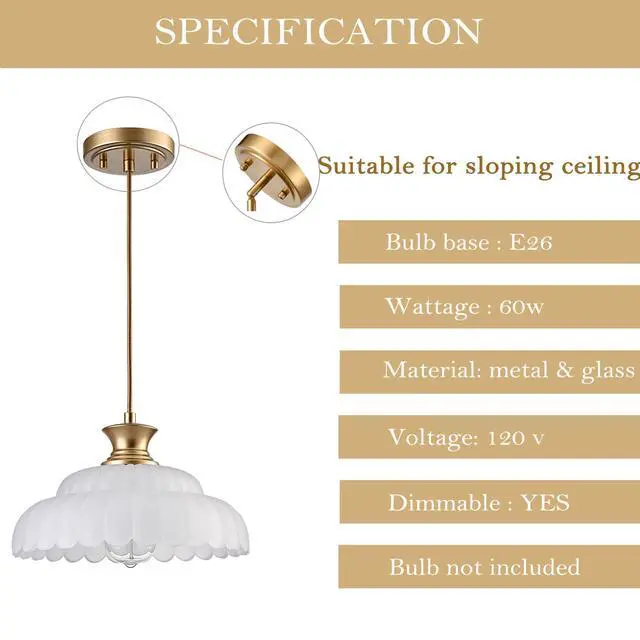 Alt view image 4 of 6 - HYDELITE Vintage Frosted Glass Pendant Lights Kitchen Island Lighting | Brass Over Kitchen Sink Adjustable Hanging Pendant for Dining Room Kitchen Entryway