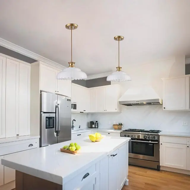 Alt view image 5 of 6 - HYDELITE Vintage Frosted Glass Pendant Lights Kitchen Island Lighting | Brass Over Kitchen Sink Adjustable Hanging Pendant for Dining Room Kitchen Entryway