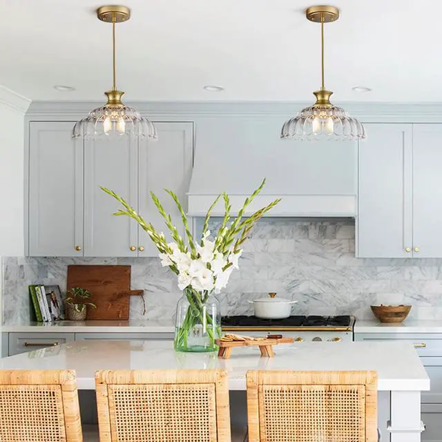 Alt view image 6 of 7 - HYDELITE Vintage Gold Clear Glass Pendant Lights Kitchen Island | Brass Pendant Light Fixture Modern Hanging Light Fixture for Dining Room Bedroom Entryway