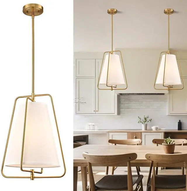 Main image of HYDELITE Vintage Gold Pendant Light with White Linen Shade | Fabric Adjustable Height Brass Chandelier for Living Room Dining Room Kitchen Island Hallway